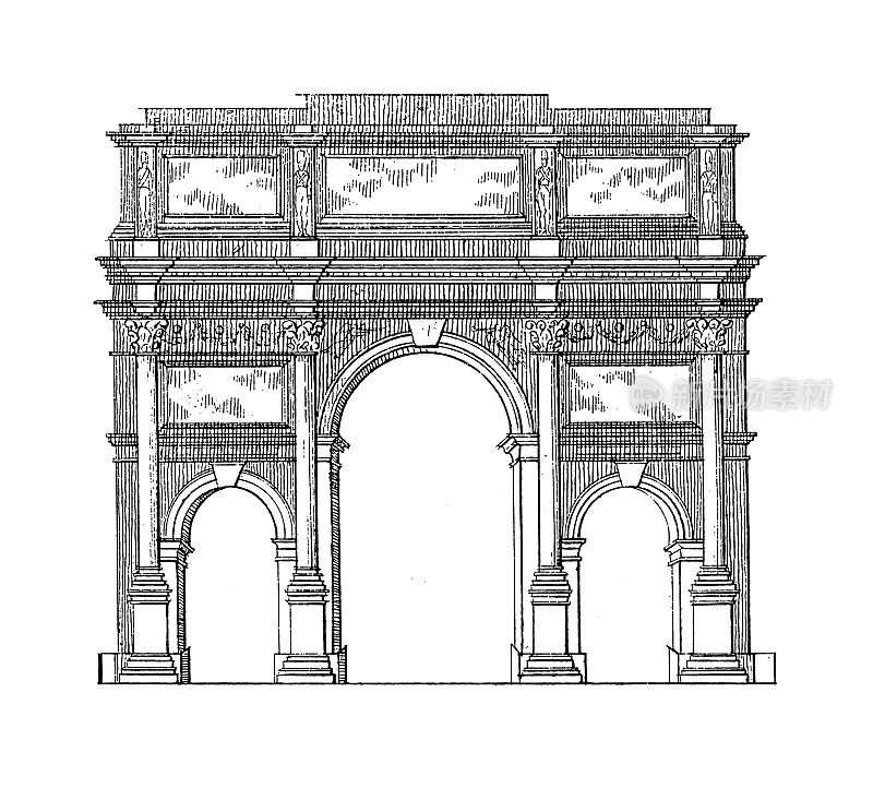 卡鲁塞尔凯旋门，巴黎|古董建筑插图